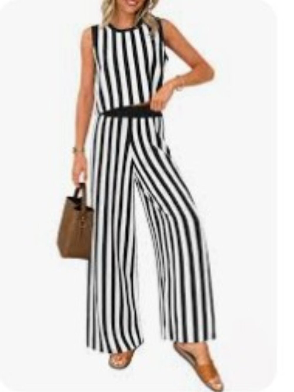 Zesica Two-Piece Outfit Set Cropped Tank Wide Leg Pants French Terry Black White